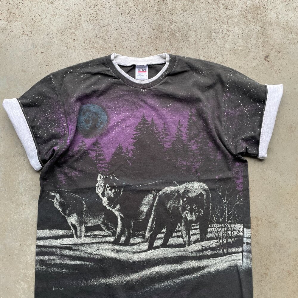 1991 Wolves Snowy Nature All Over Print T-Shirt Size: Large USA Made Anvil - Picture 4 of 6